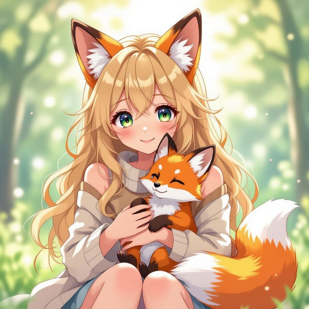 Anime Girl With Fox Ears and Baby Fox, Pastel Colors