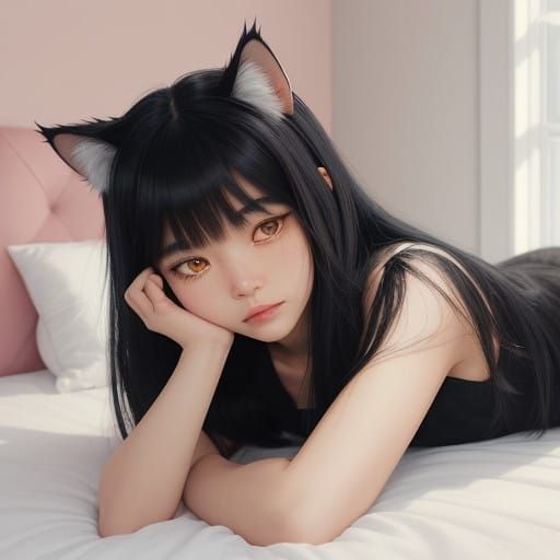 Realistic Catgirl in a Whimsical Pastel Pink Sanctuary