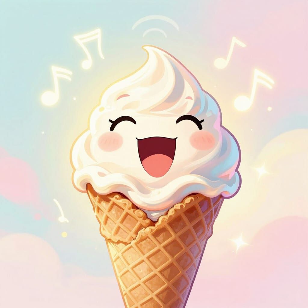 Joyful Singing Ice Cream Cone in Storybook Style