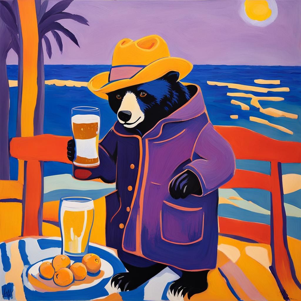Surrealist Paddington Bear Savoring Sunset Beer