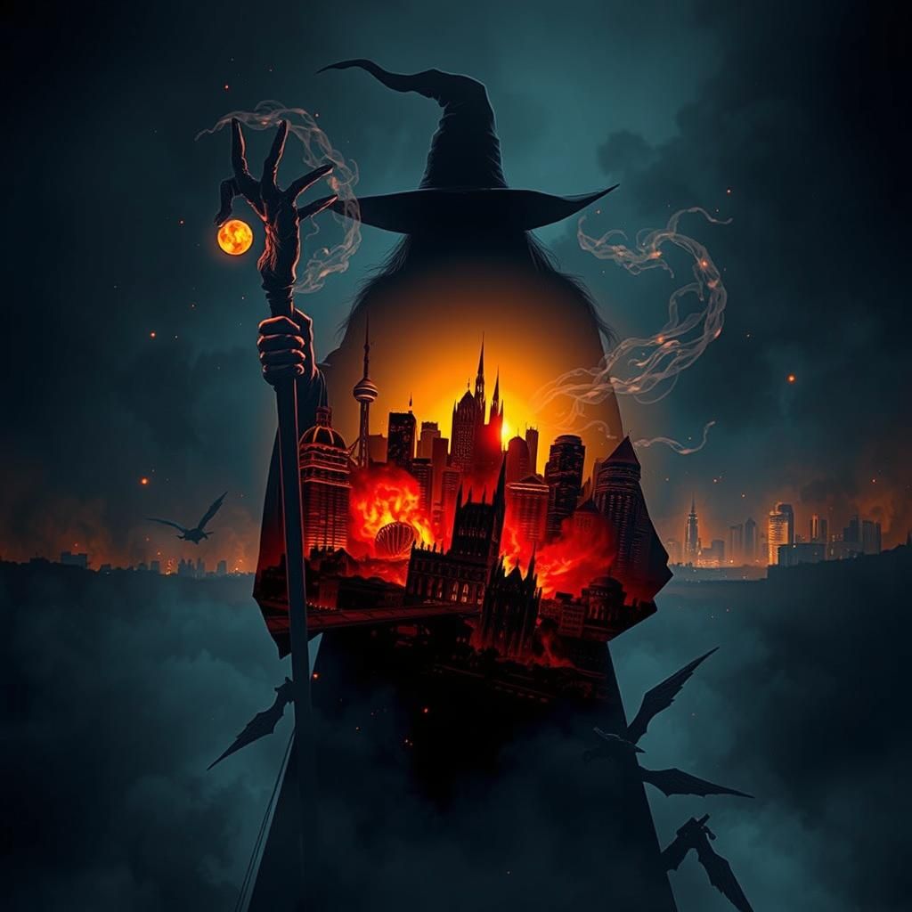 Dark Wizard Silhouette in a Burning Cityscape