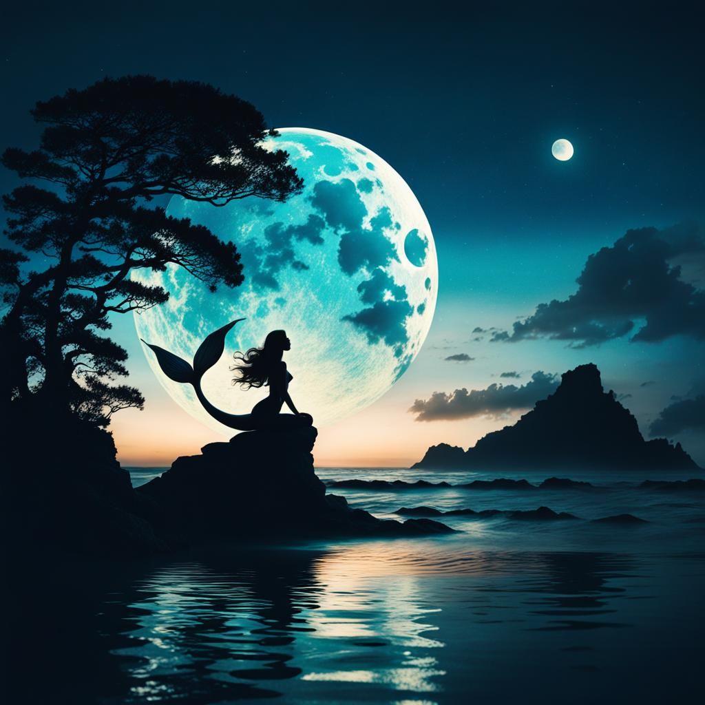 Ethereal Mermaid Silhouette on Moonlit Ocean