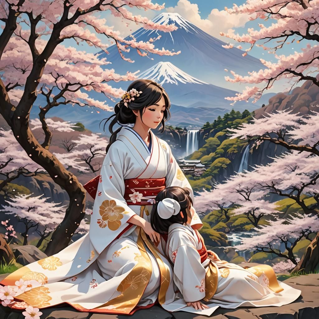 Ethereal Japanese Mother and Daughter in Cherry Blossom Para...