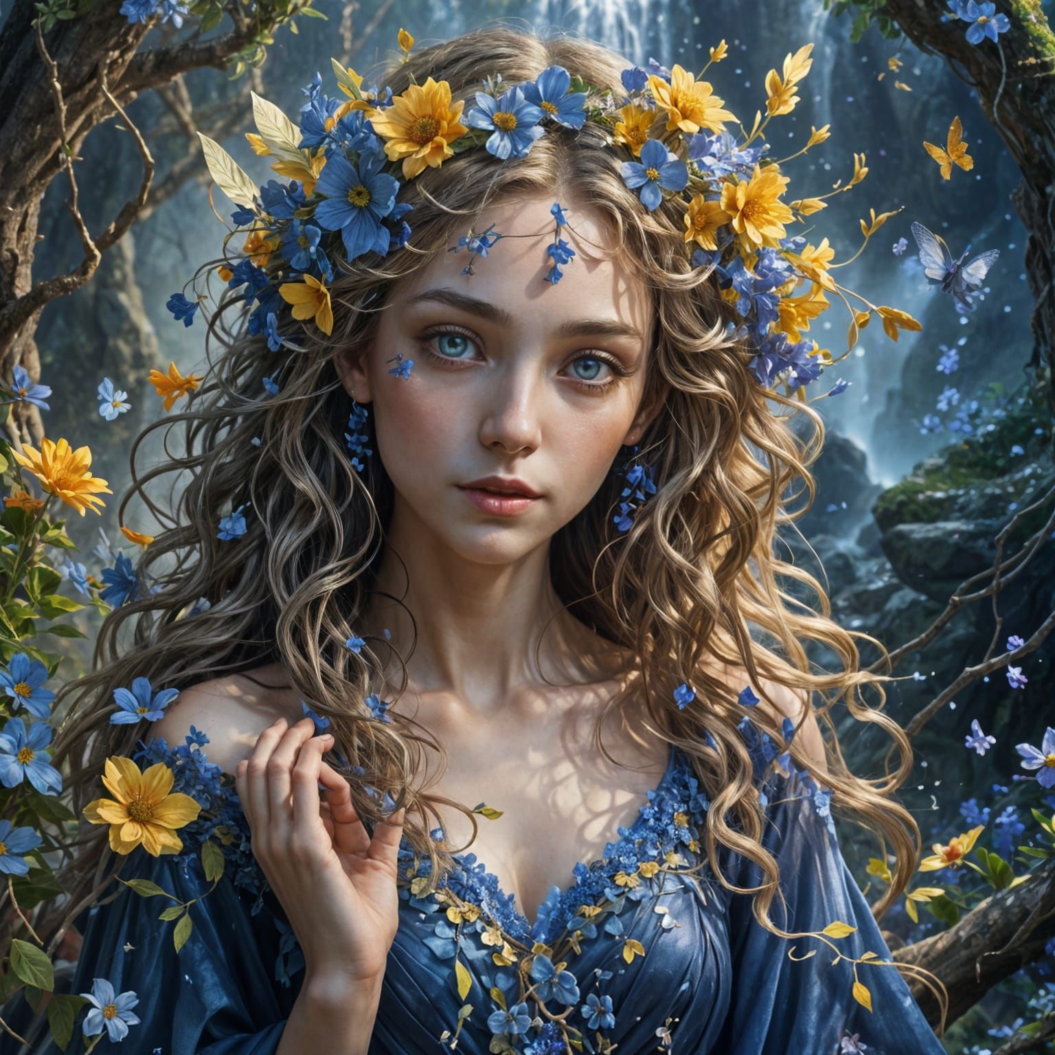 Fairy in Vibrant Floral Dress amidst Whimsical Elements