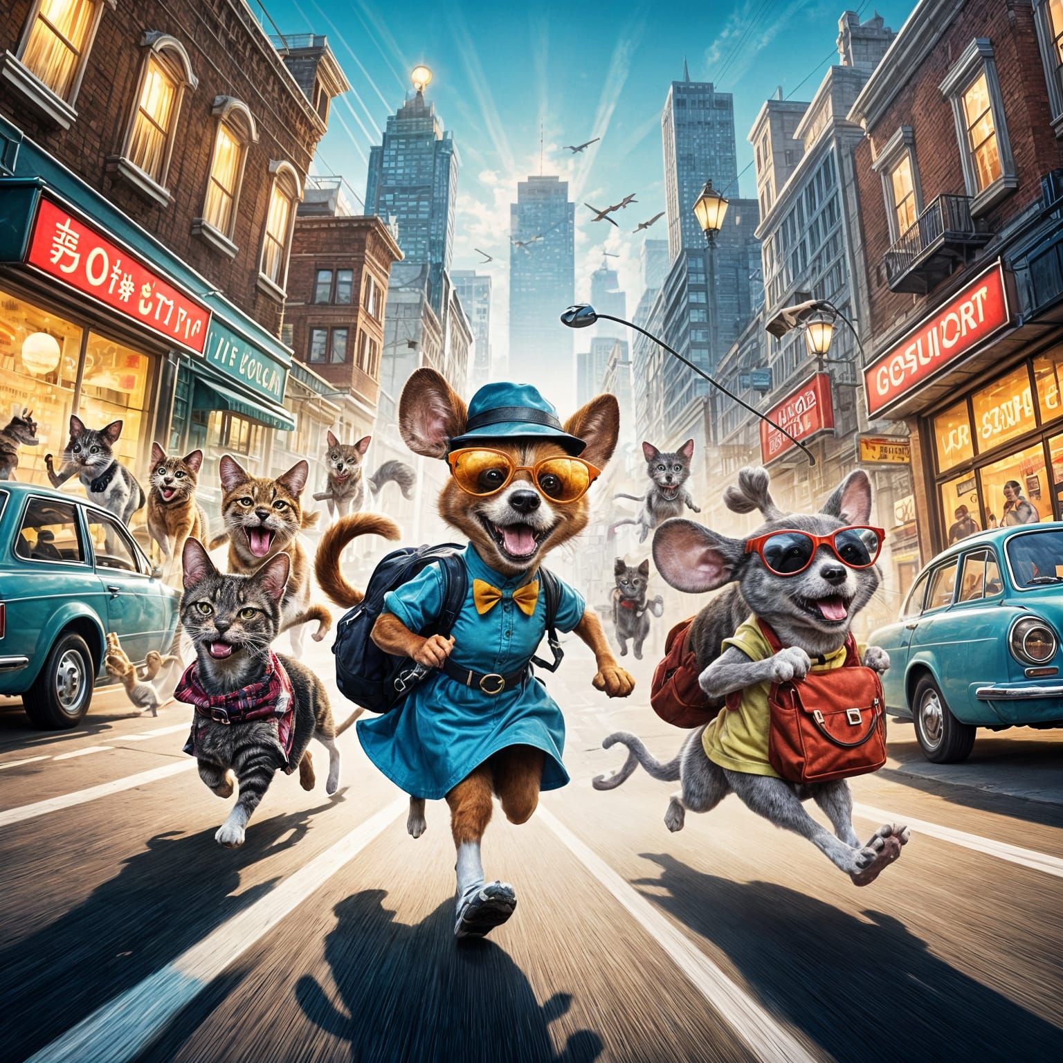 Whimsical Street Scene: Dog Chases Cat Chasing Mouse in Cart...