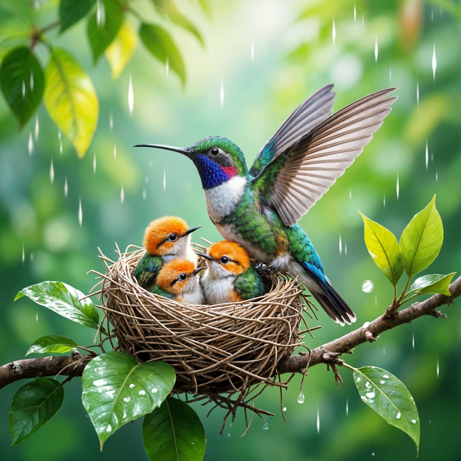 Hummingbird Sheltering Chicks in Rainy Nest
