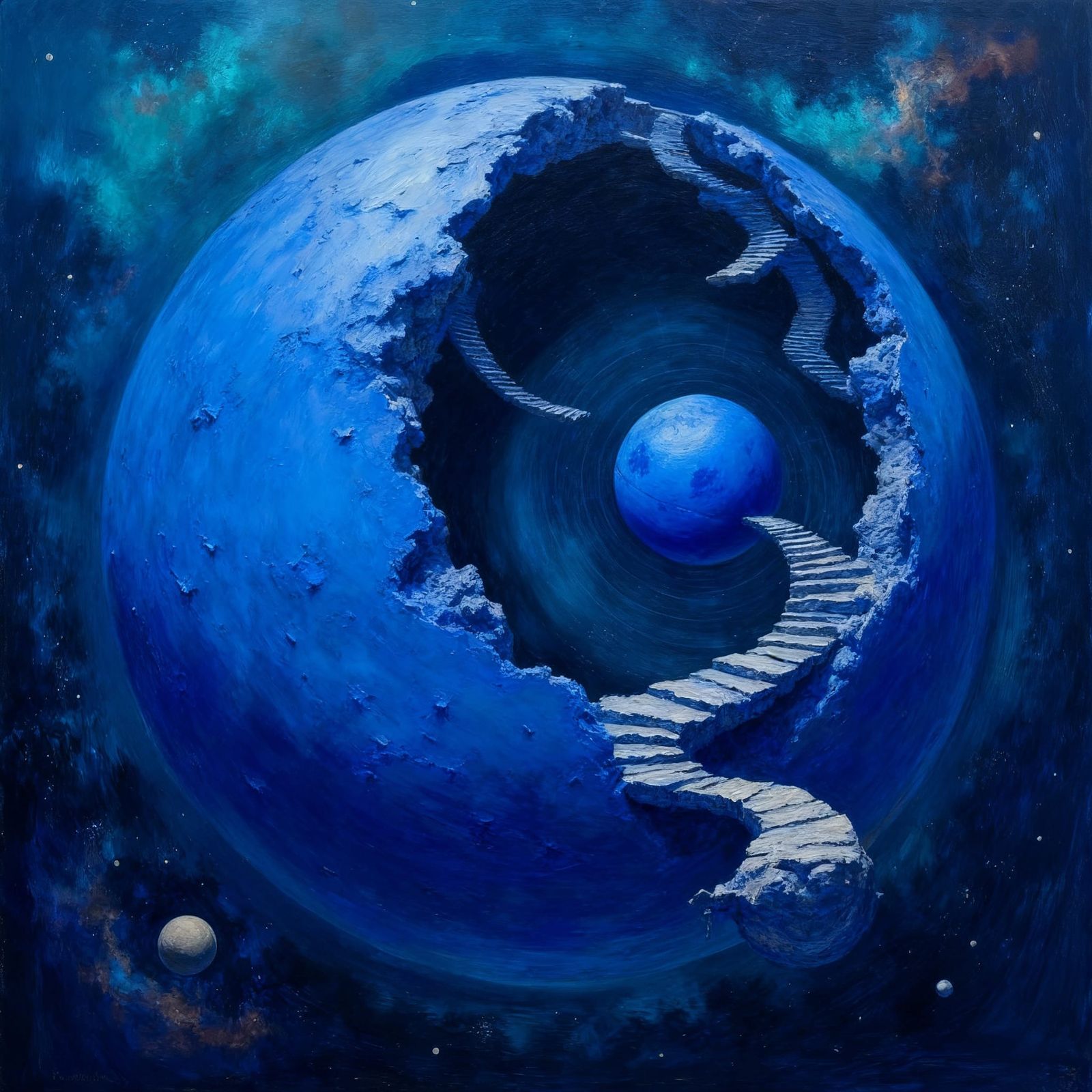 Indigo Oil Painting of Globe Within a Globe