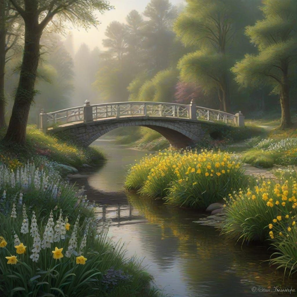 Ethereal Morning Mist Over White Bridge and Blooming Lake