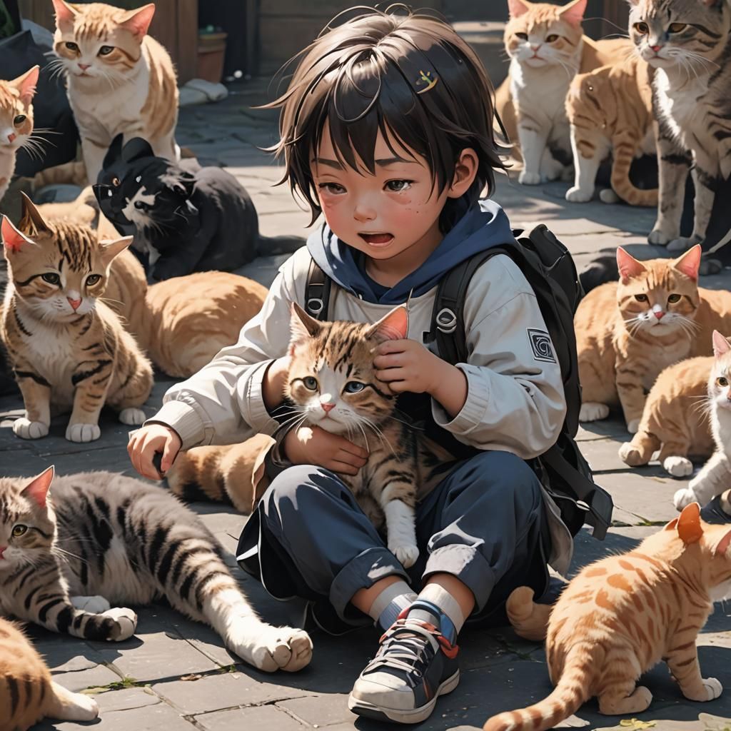 Young Boy Overwhelmed by a Feline Companion in a Vibrant Ani...