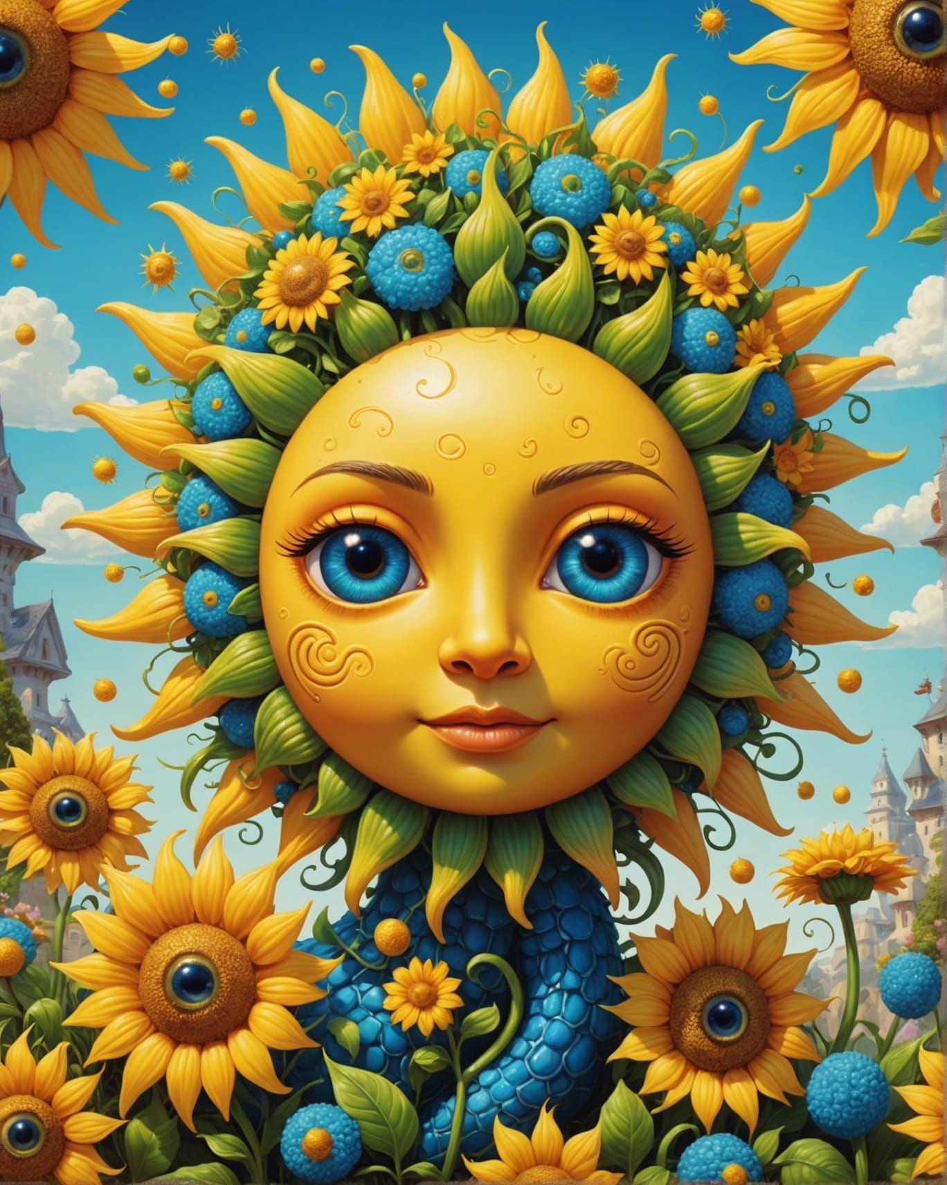 Whimsical Sun with Hydra Face in Iridescent Colors