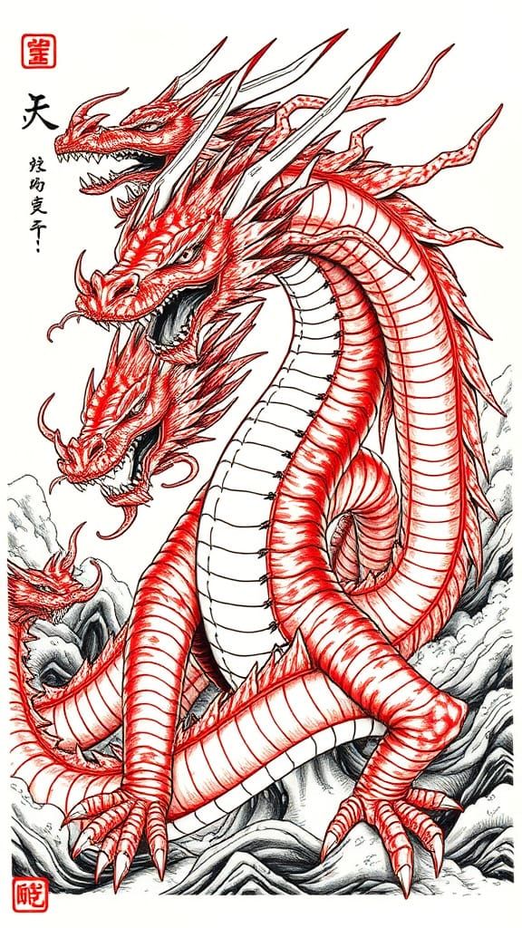 Ghidorah King in Traditional Japanese Woodblock Style