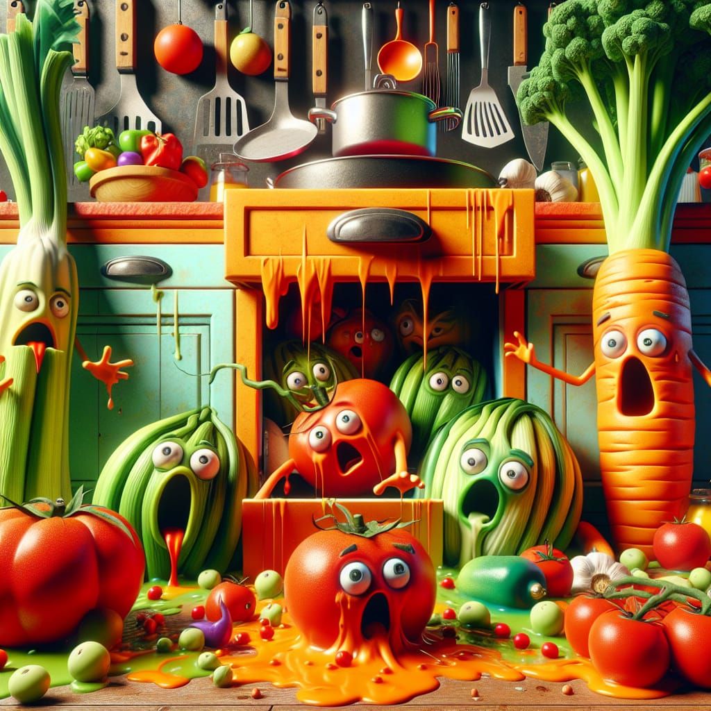 Fruits and Vegetables Prepare for a Dramatic Meal in a Whims...