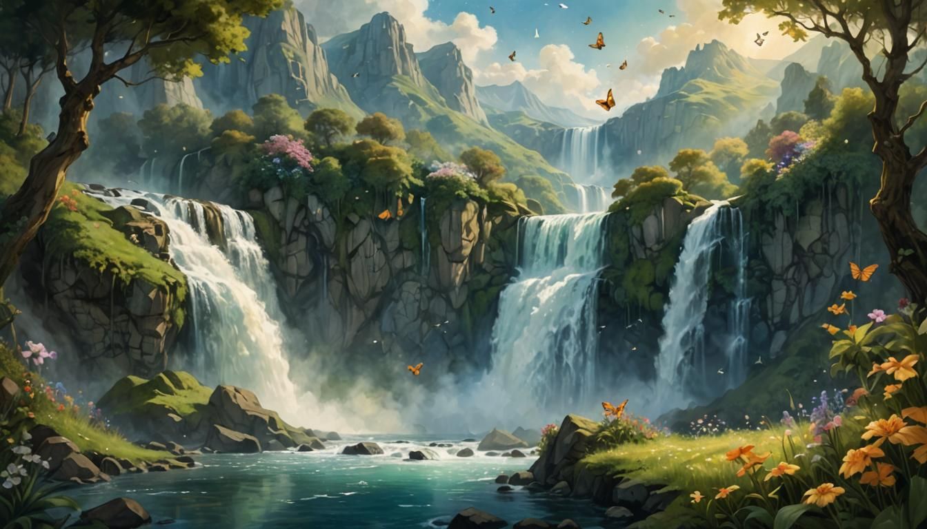 Whimsical Paradise Waterfall in Vibrant Colors and Soft Focu...