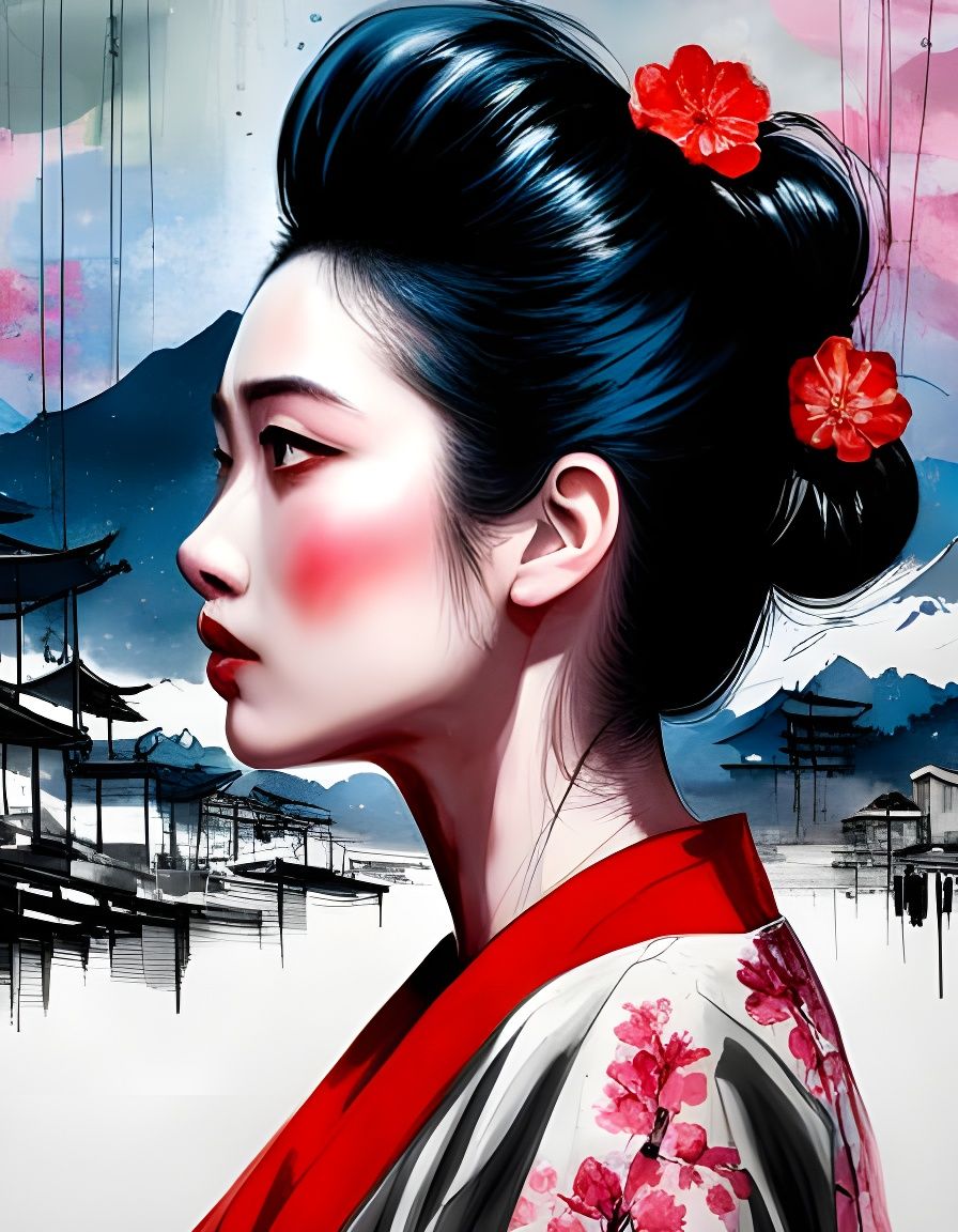 Surreal Geisha in Cherry Blossom Maze