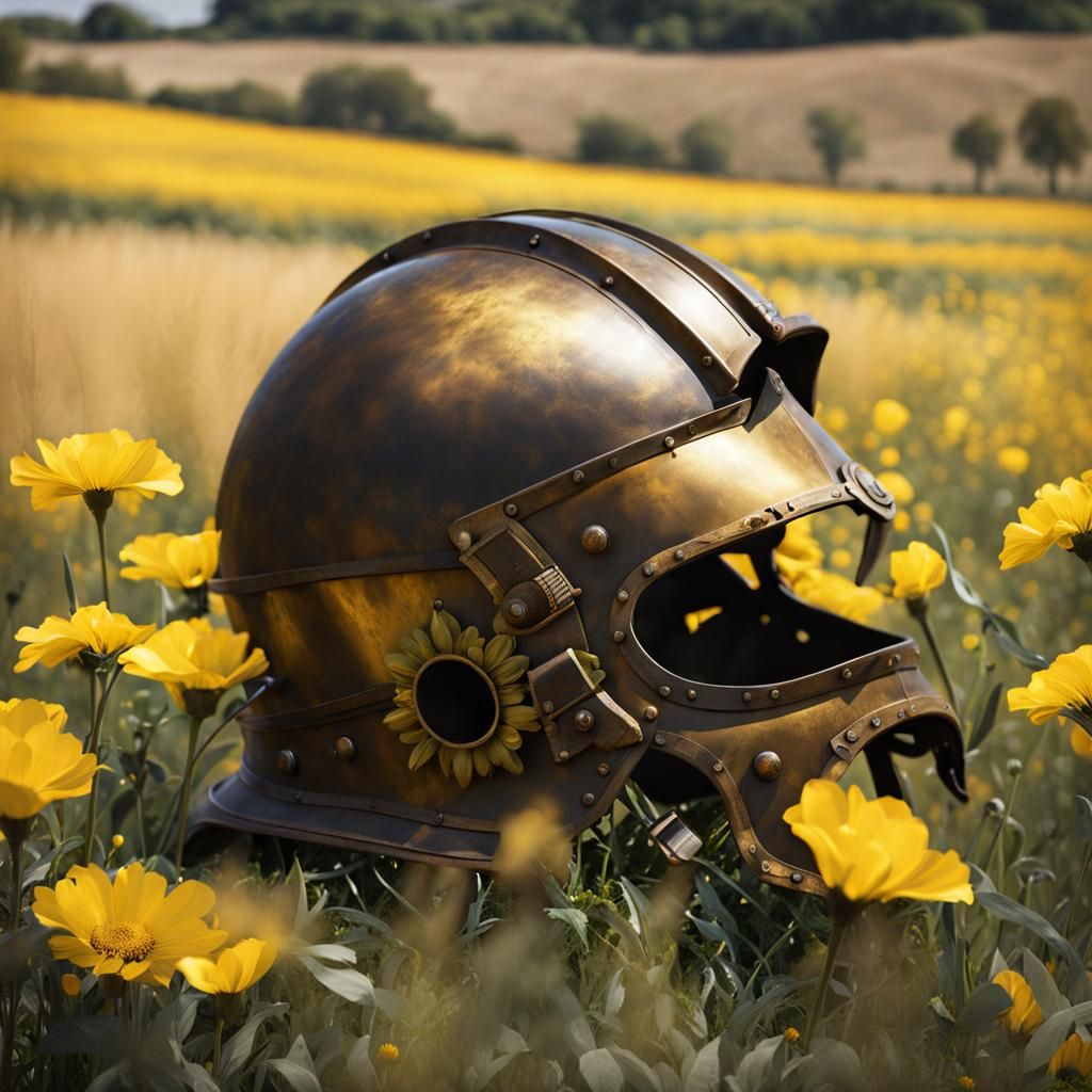 Ancient Roman Centurion's Tarnished Helm Amidst a Field of Y...