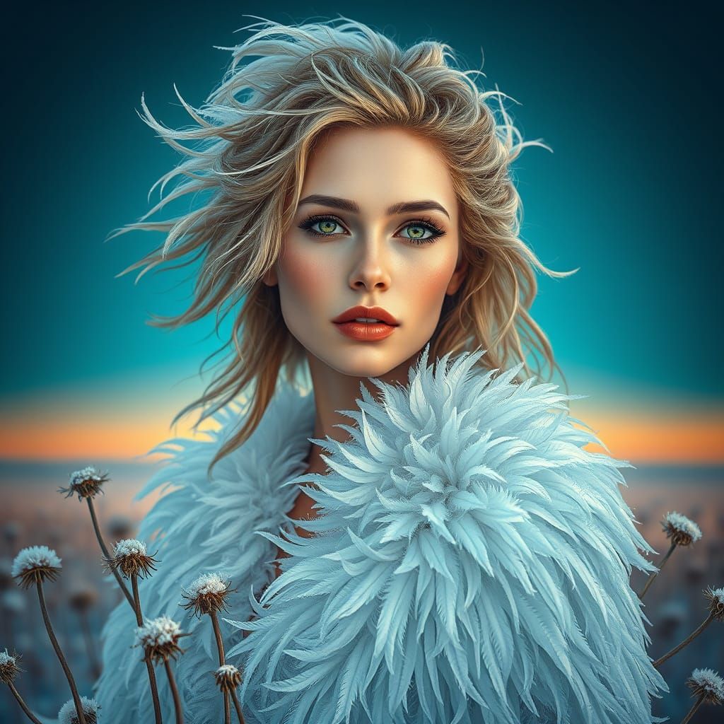 Hyperrealistic Portrait of a Frozen Beauty in a Gown of Deli...