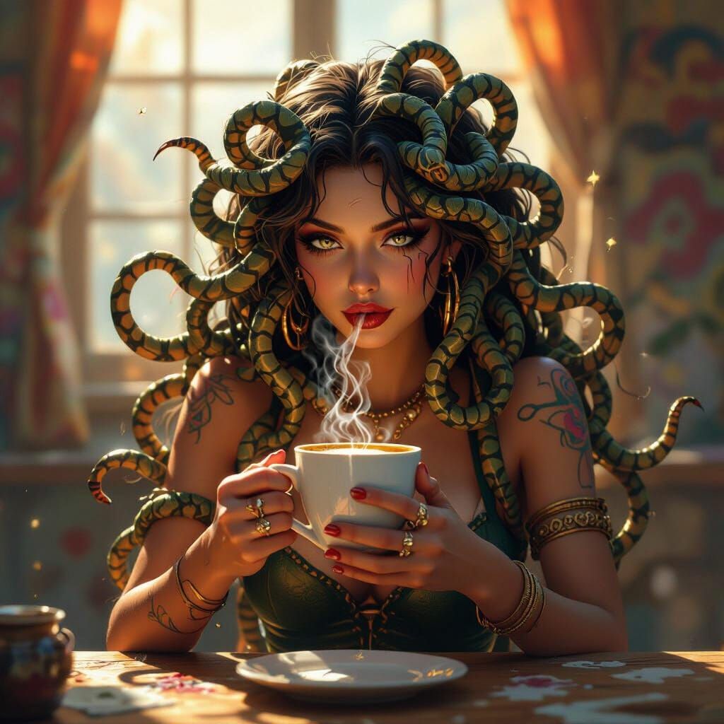 Medusa With Snake Hair Drinks Coffee in Sunlight