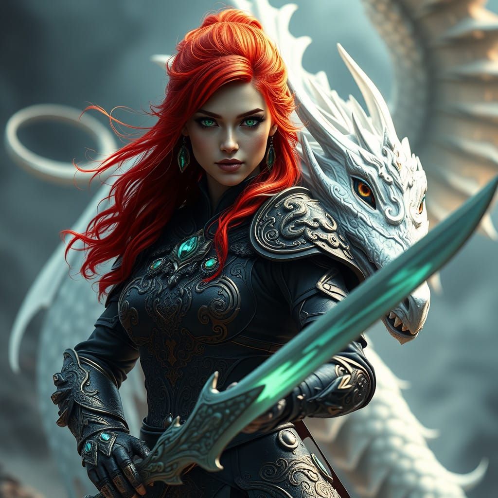 Regal Fantasy Warrior with Dragon Companion in Vibrant Armor