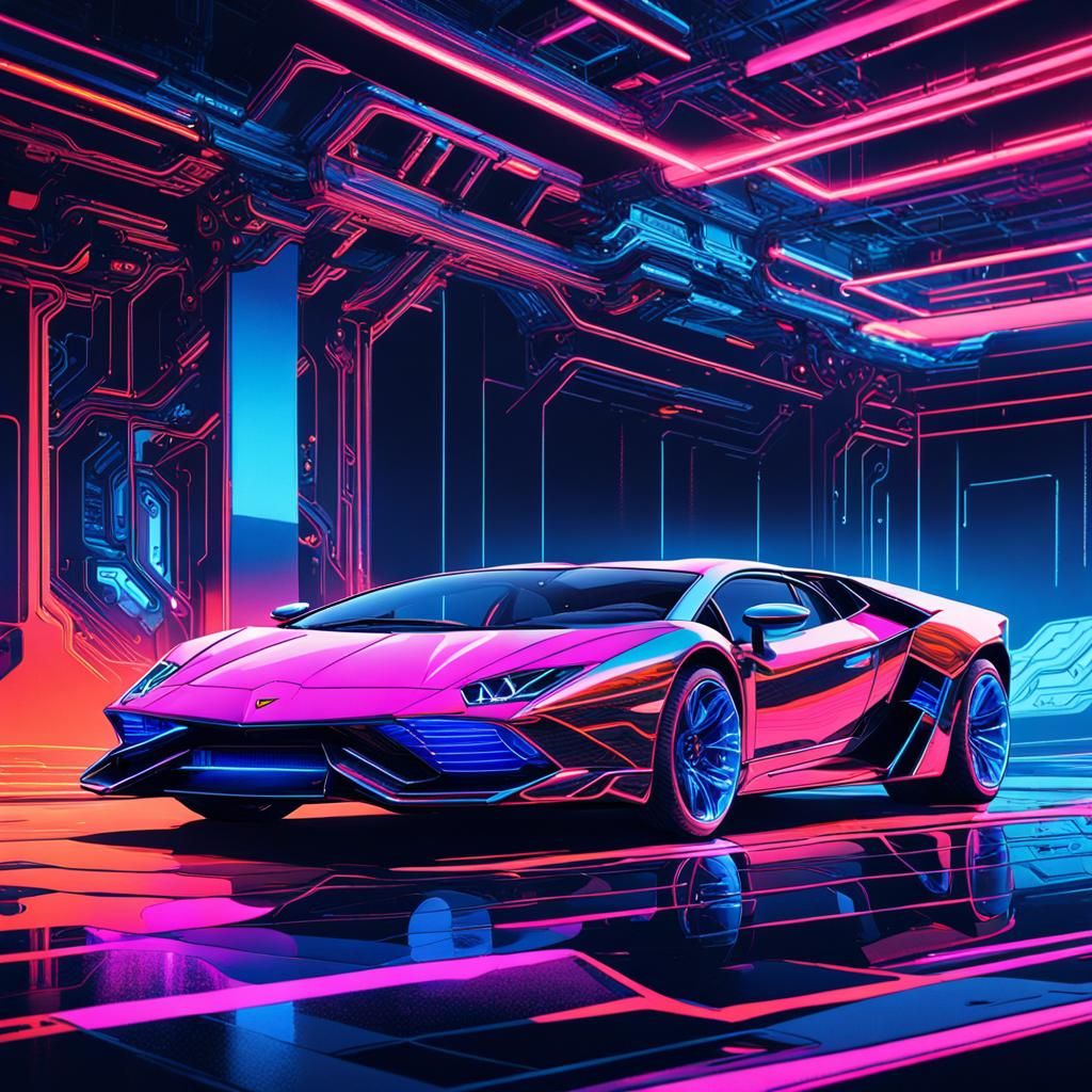Cyberpunk Lamborghini Embodied in Neon Circuitry
