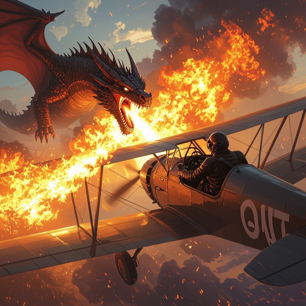 Dragon Attacks Biplane in Blazing Inferno