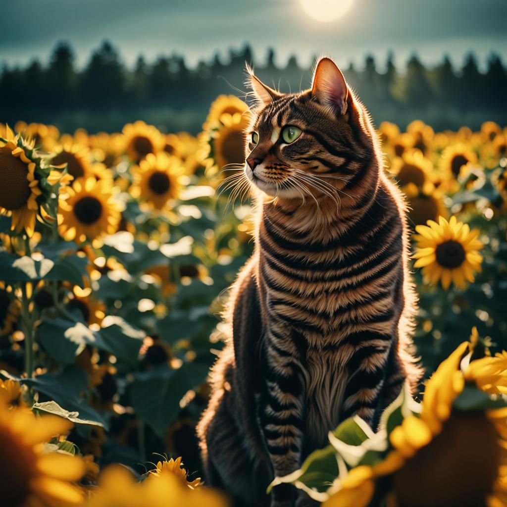 Stunning Sunflower Cat in Cinematic Film Still