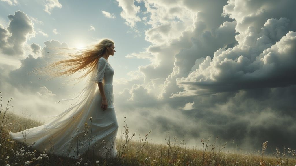 Blonde Woman Amidst Stormy, Calm Skies