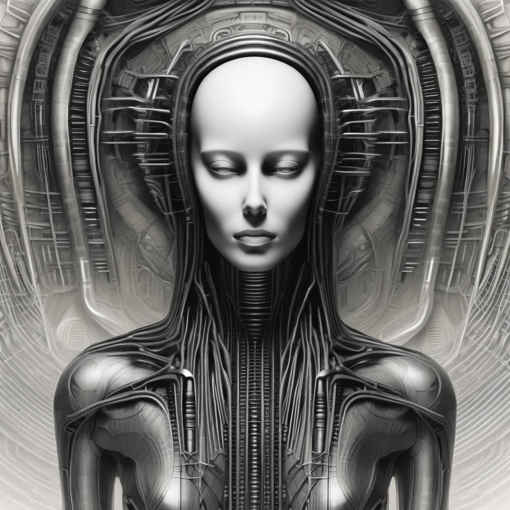 A Stylized hybrid-style minimalistic charcoal picture, by H.R. Giger and Monet, hybrid styled Art, chaotic IMAX intense ...