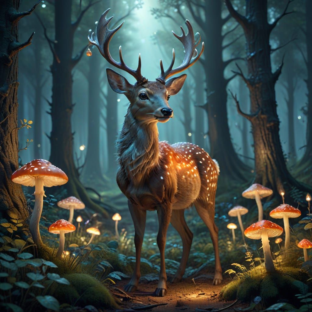 Surreal Deer in Magical Forest, 3D Rendered