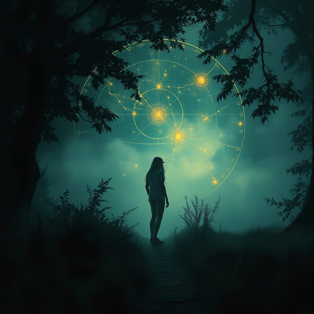 Dreamer in Misty Glade with Celestial Map