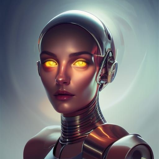 A Futuristic Virgin Mary Robot with Hypnotic Cat Eyes