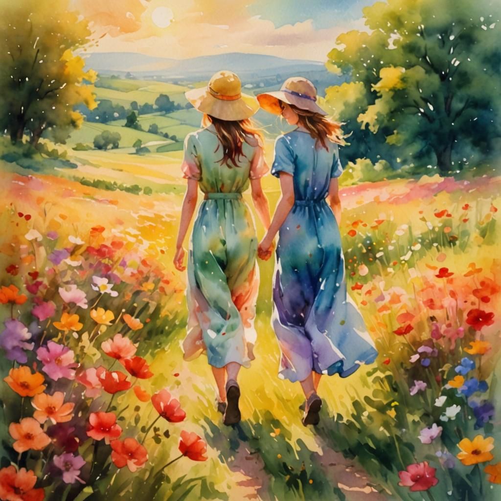 Whimsical Watercolor Stroll in a Lush Floral Field