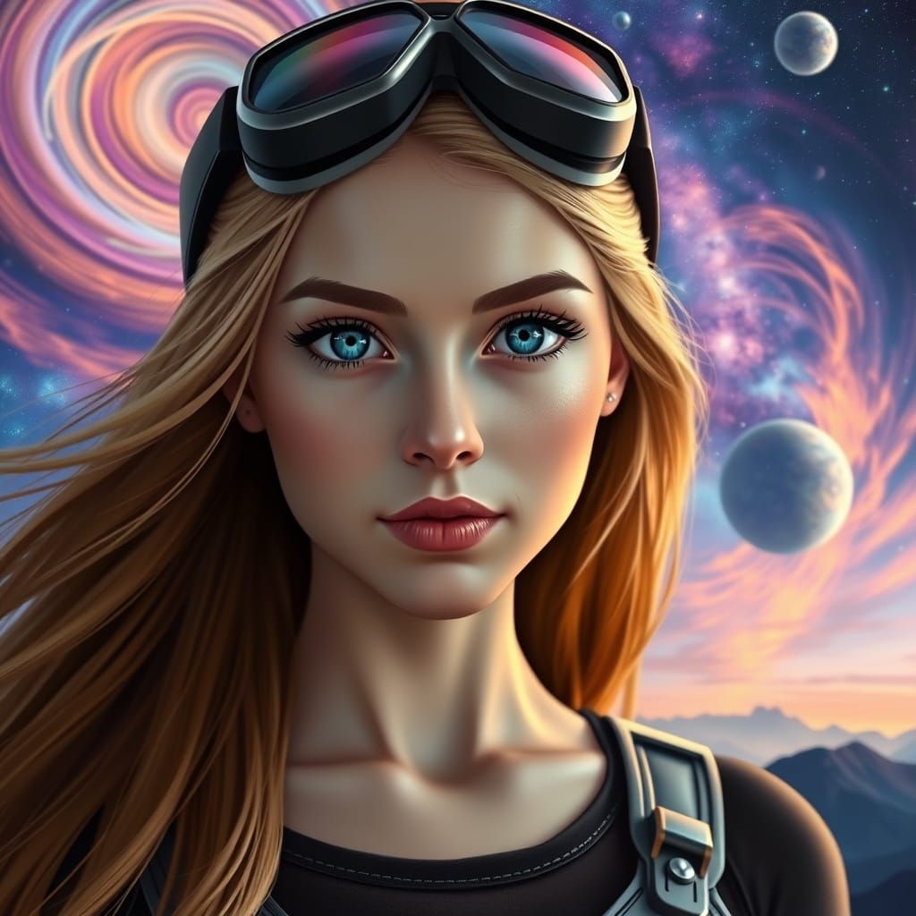 Confident Cyberpunk Goddess in Cosmic Landscape