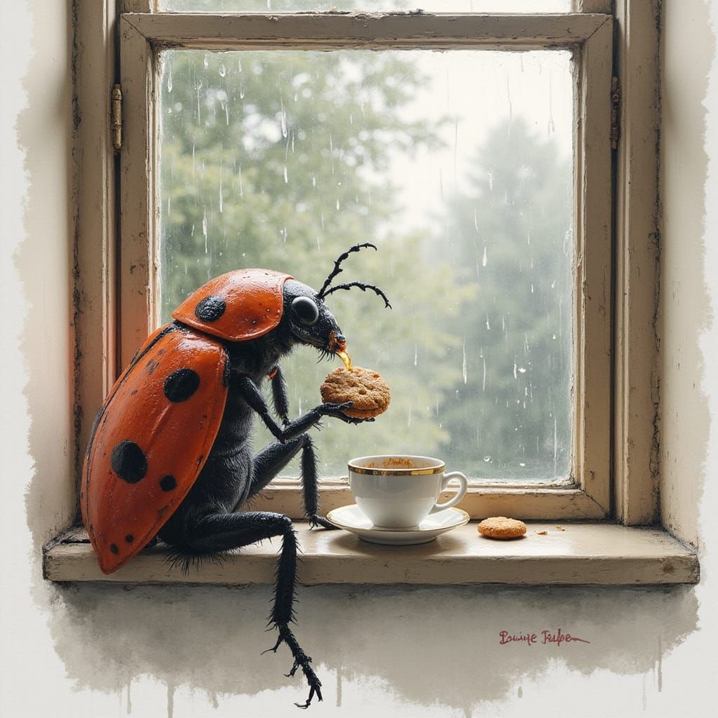 Whimsical Ladybug in Cottage Window