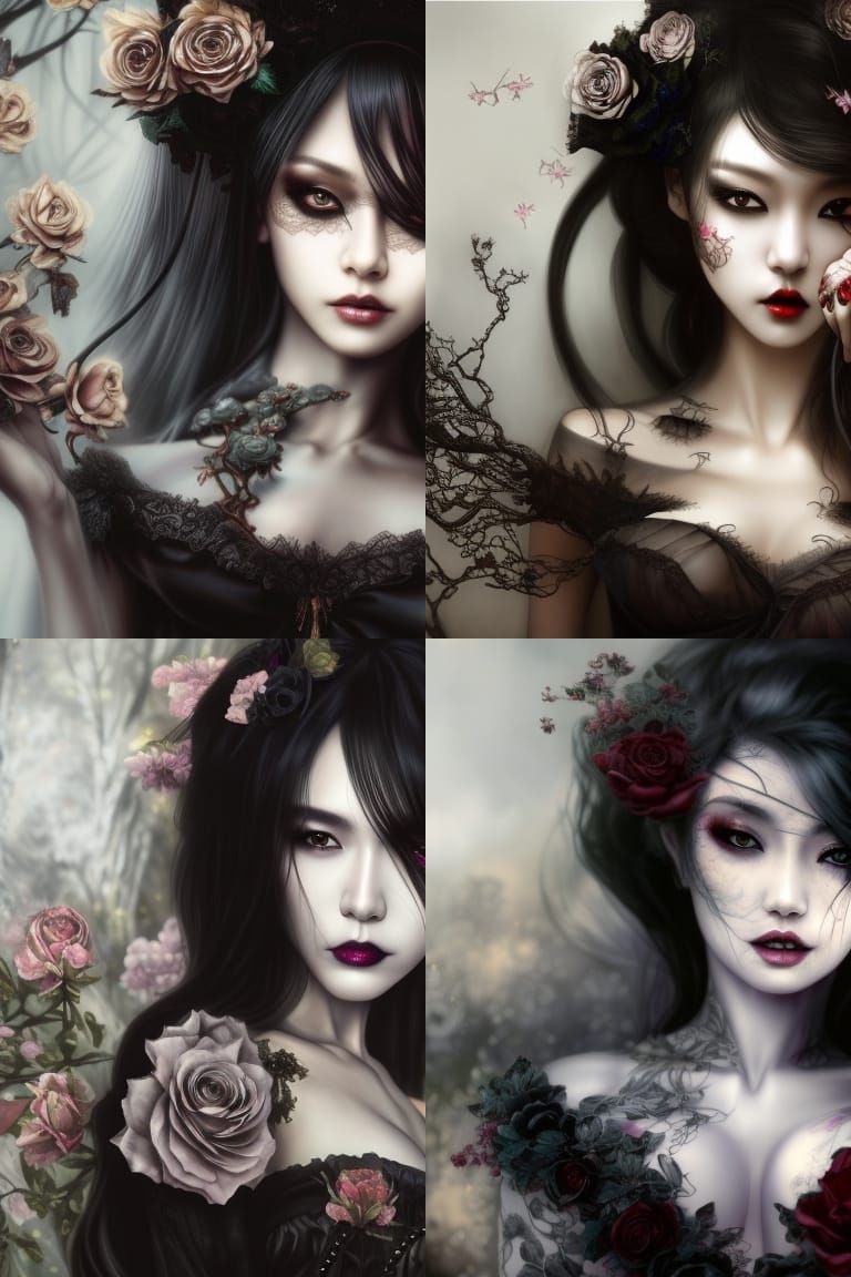 Japanese Gothic Goddess in Black Lace and Roses
