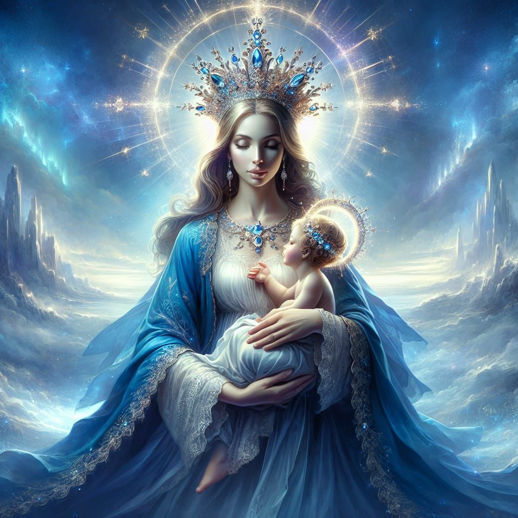 Majestic Holy Mother in Azure Robe, Halo and Jewel Encrusted...