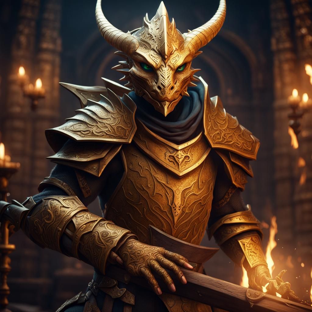 Surreal Gold Dragonborn Bard in a Fantastical Realm