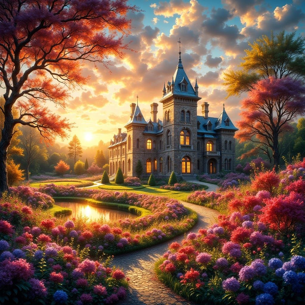Surreal English Countryside Chateau at Sunset in Impasto Sty...