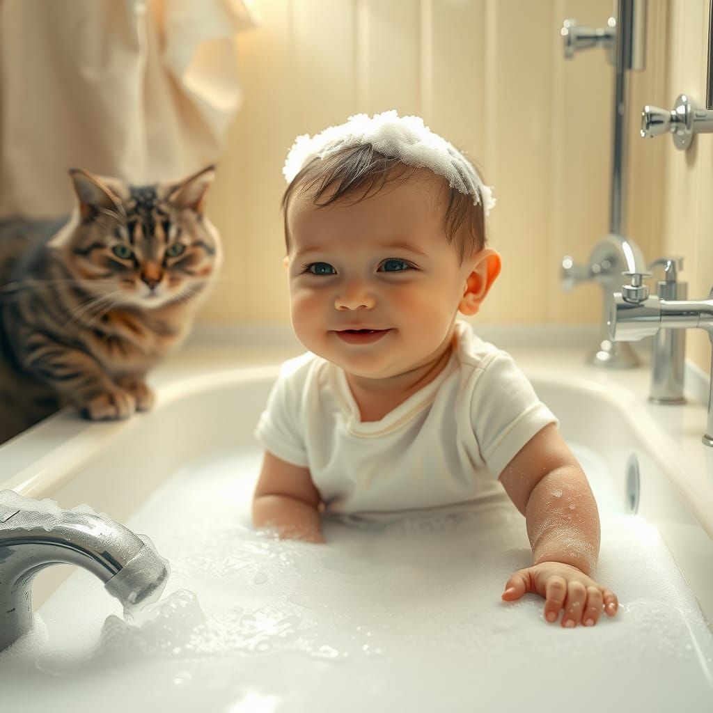 Hyperrealistic Bathroom Scene with Soapy Bucket and Contente...