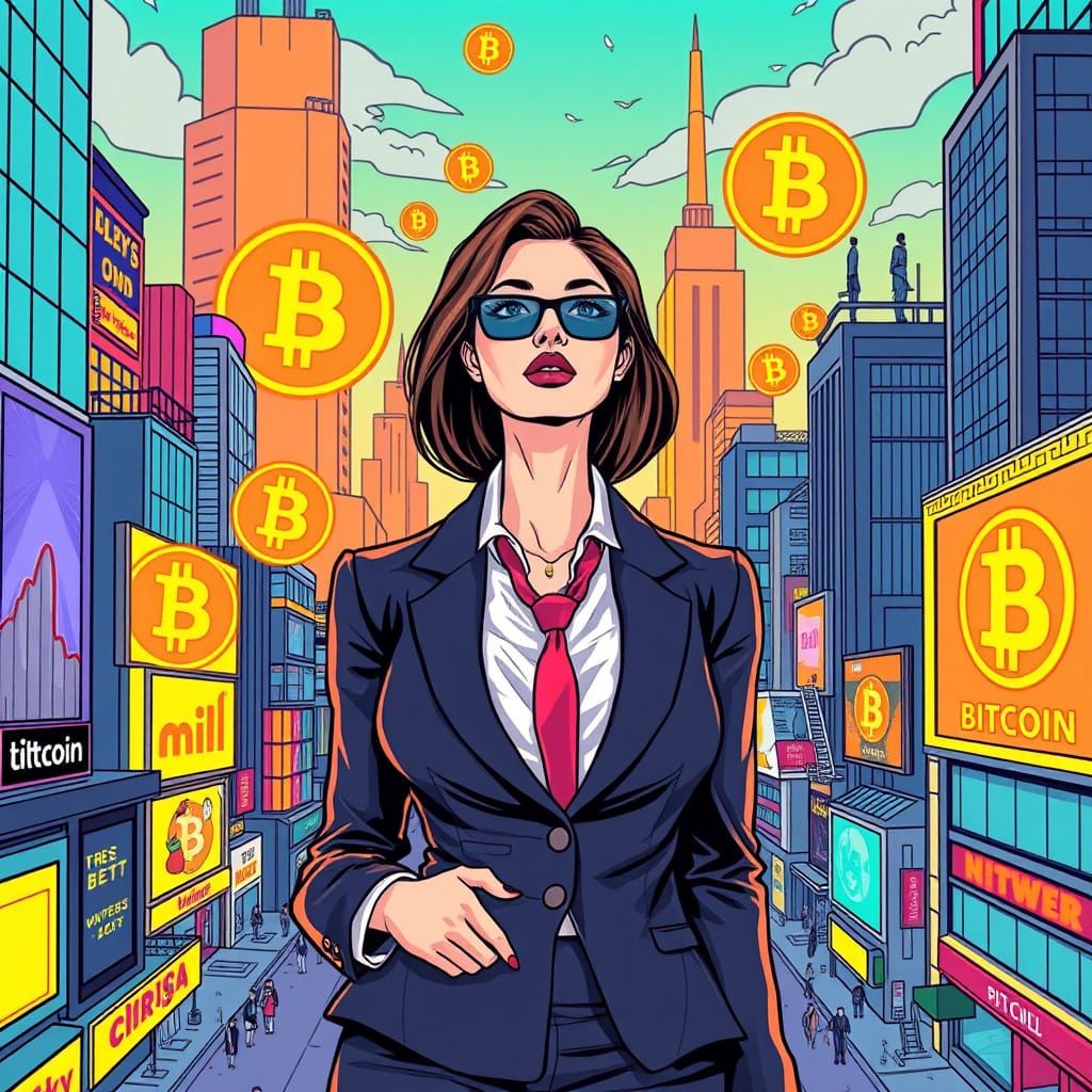 Bitcoin Businesswoman in Futuristic Cyberpunk Cityscape