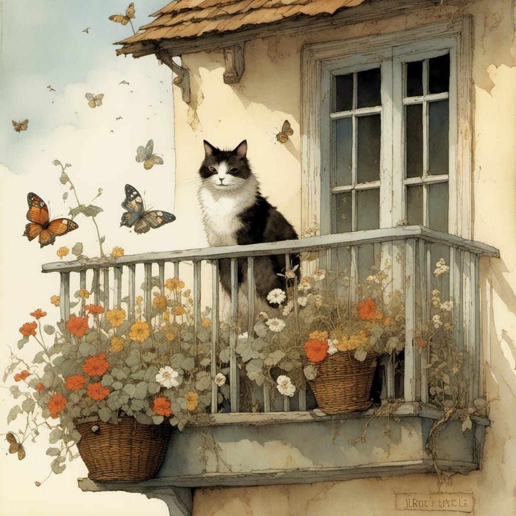 Vibrant Garden Oasis with Birds and Feline Friends in a Whim...