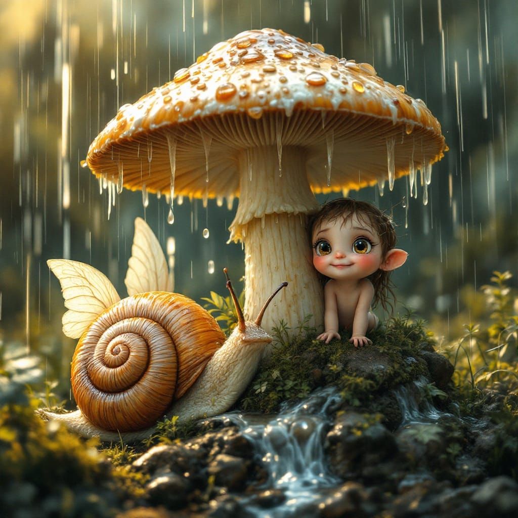 Whimsical Fairy Hides Beneath a Giant Mushroom in a Rainy La...