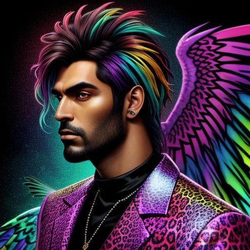 Surreal Dark Warrior with Wings and Neon Rainbow Scales