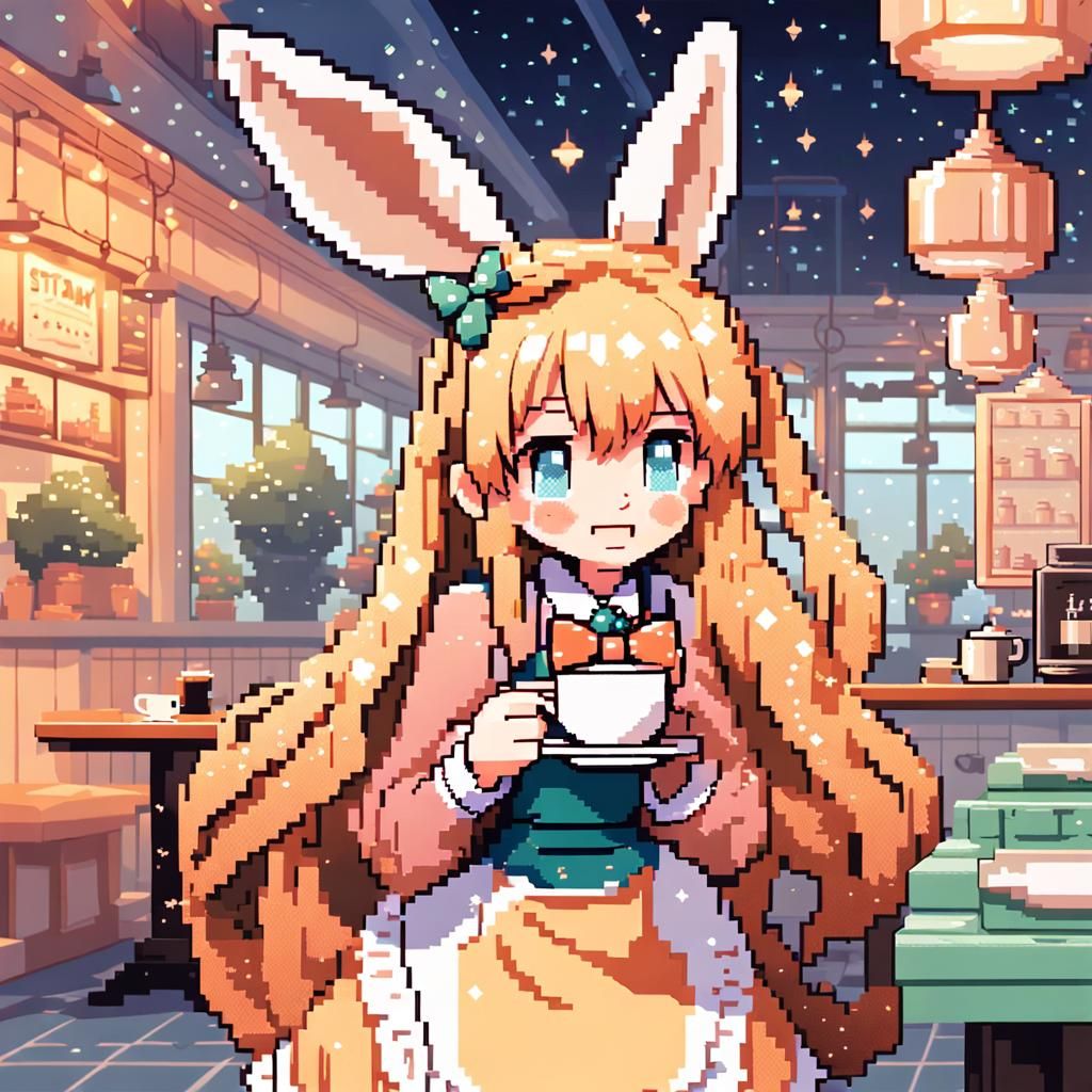 Adorable Japanese Kawaii Bunnygirl in a Cozy Café