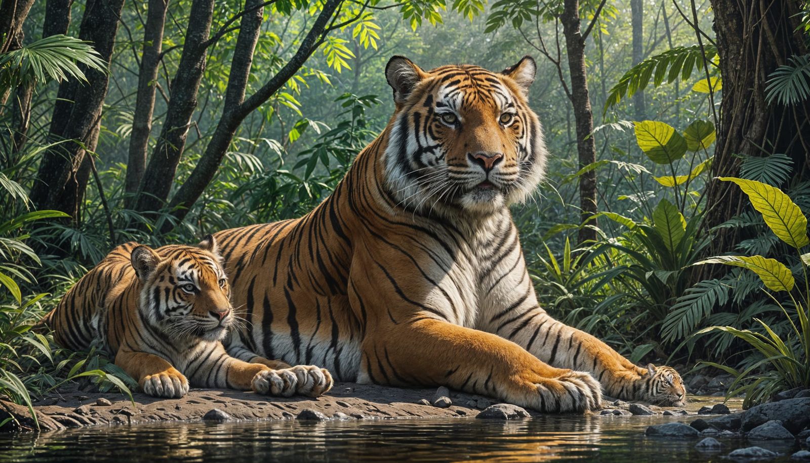 Tiger Mother and Cub in Indian Jungle Masterpiece
