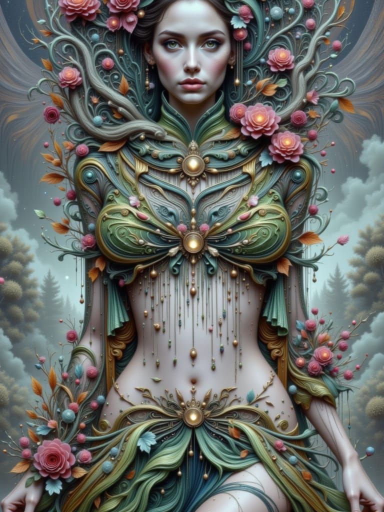 Goddess in Autumn Leaves with Filigree Gown