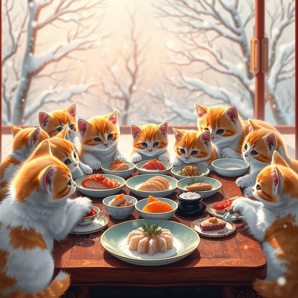 Kittens in Winter Wonderland Japanese Artwork