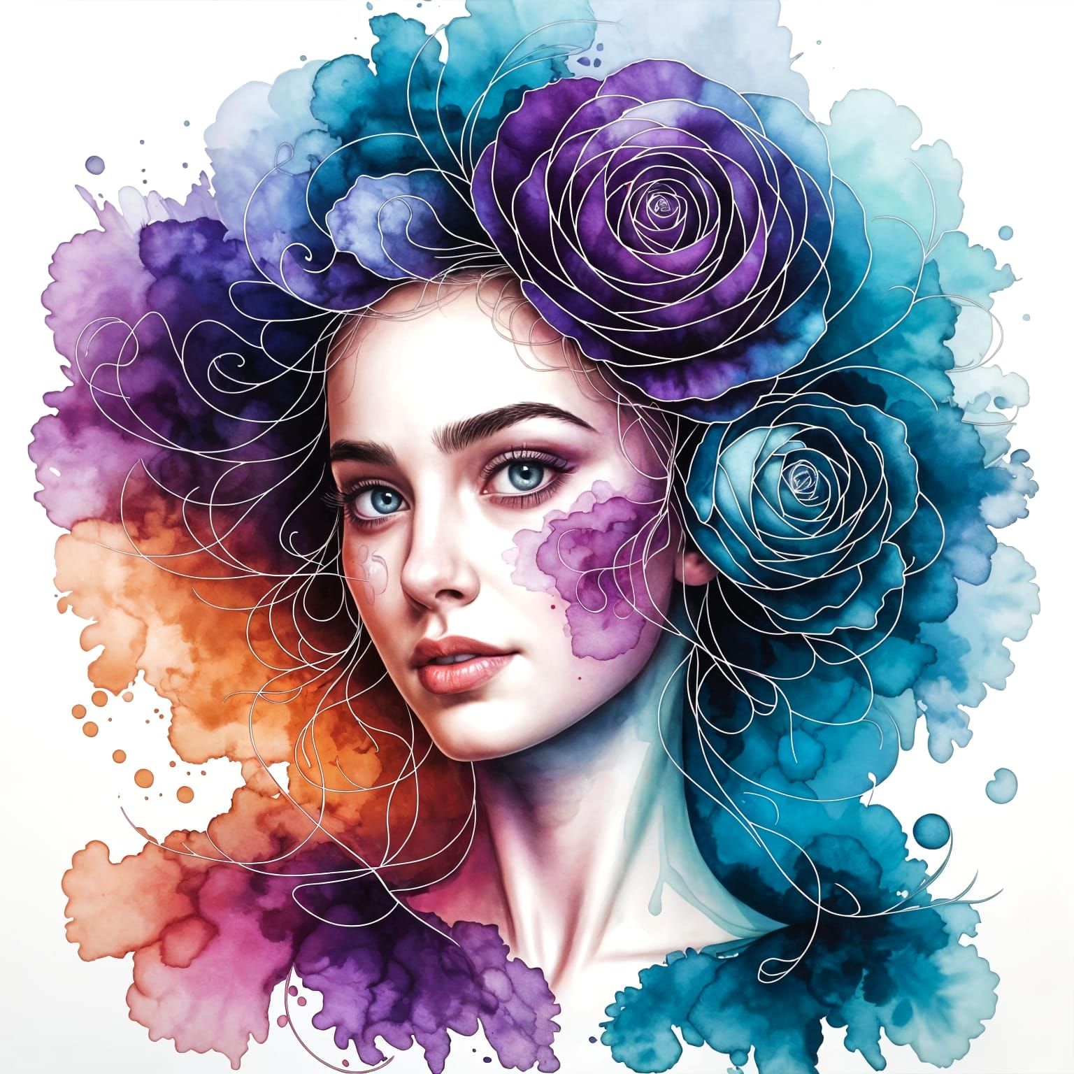 Alcohol Ink Portrait: Coquettish Woman in Swirling Colors