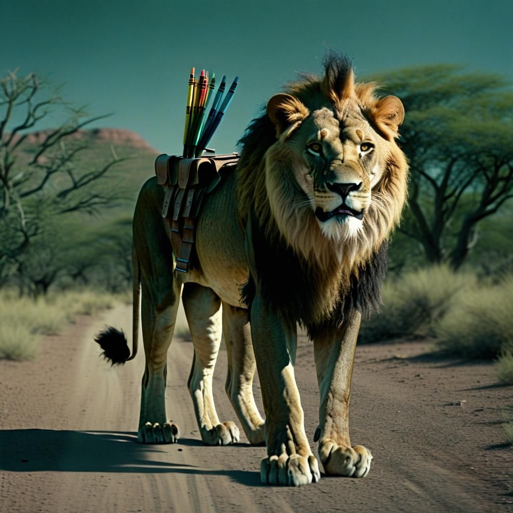 Emaciated Lion Wears Gun Belt, Delves into Colorful World