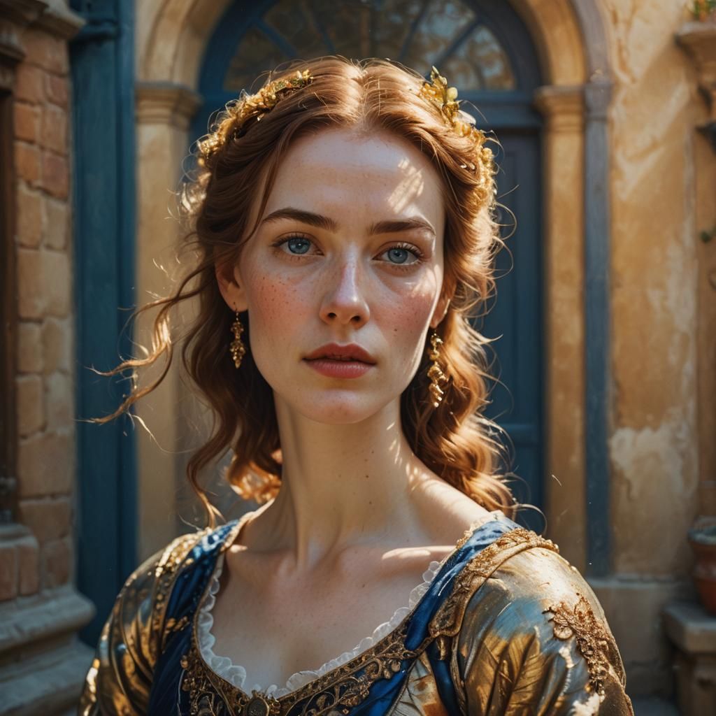 Sultry Baroque Woman in Sunlit Courtyard