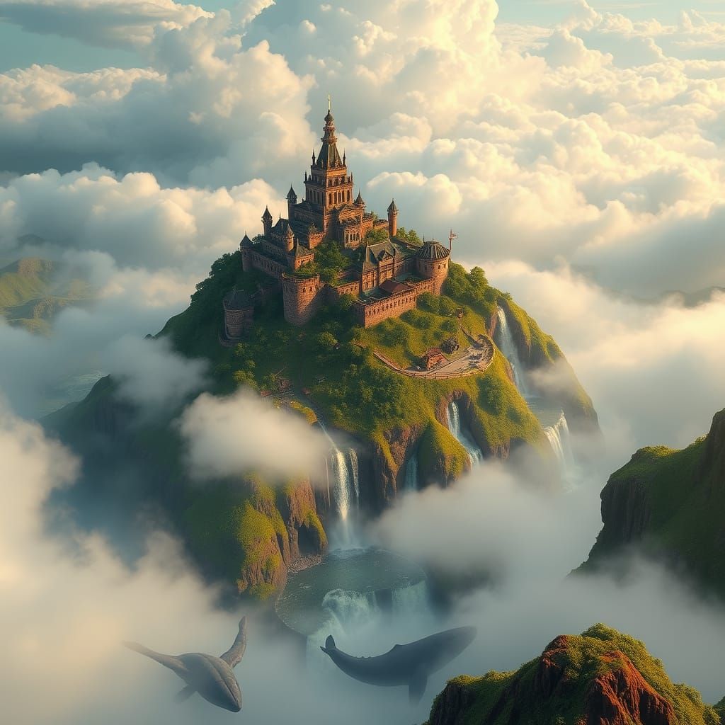 Ethereal Fantasy World with Volcanic Island and Majestic Din...